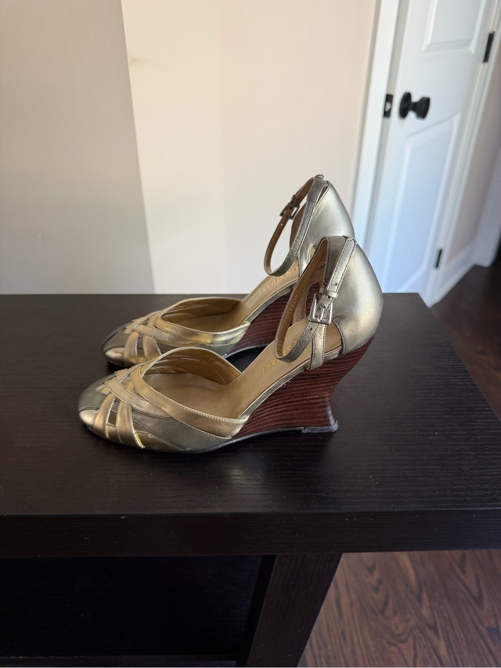Colin Stuart Metallic Gold Wedge Sandals with Ankle Strap